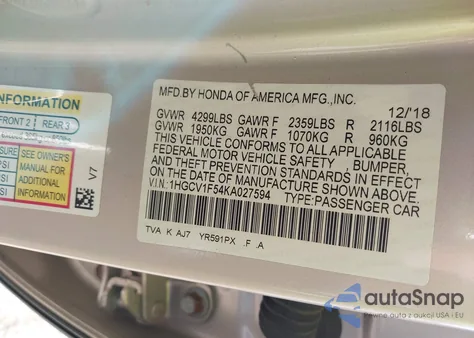2019 Honda Accord Ex-L from USA, damaged, VIN 1HGCV1F54KA027594